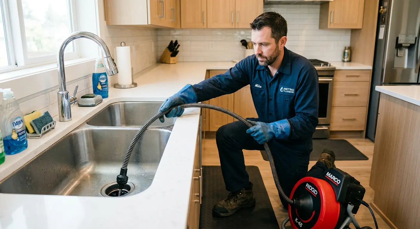 Drain cleaning technician using a motorized snake on a kitchen sink in Armada