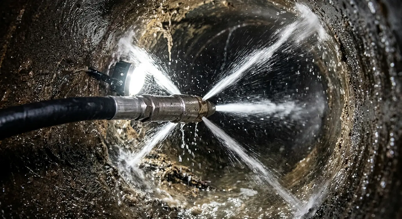 High-pressure hydro jetting nozzle cleaning sewer pipe for Emergency Drain Service in Armada