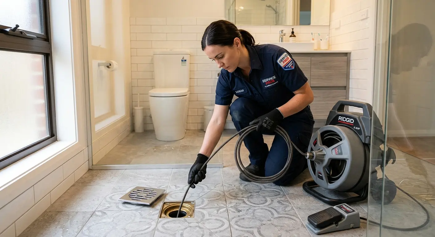 Technician clearing a bathroom floor drain for Drain Cleaning in Armada